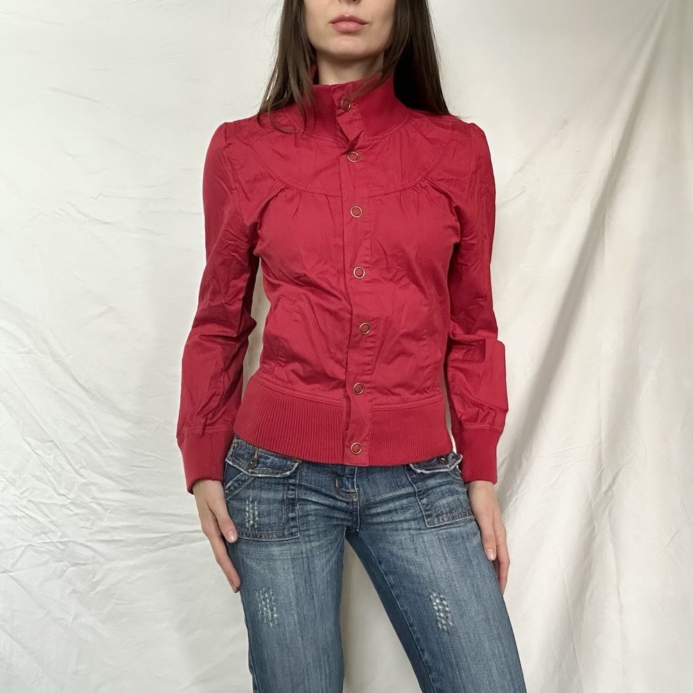 2000s Red Button Snap Bonner Jacket Y2K Grunge Indie